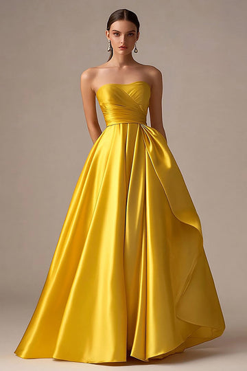 Yellow Strapless A Line Satin Long Prom Dress
